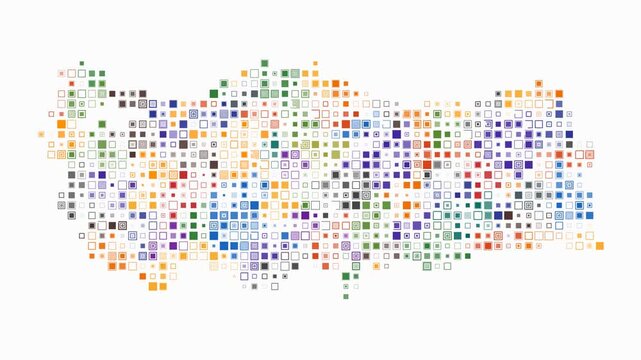 Turkey animated country shape. Pulsating colored dots on the map of the country. Small size square blocks. Digital style Turkey map on white background. Creative animation video.