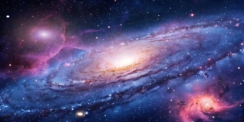 Obraz premium Majestic Spiral Galaxy with Pink and Blue Nebulae and Distant Stars space cosmos