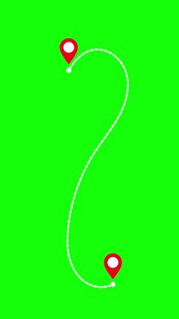Travel Route Animation with Red Map Location Pins and Curved Dotted Path on Green Screen