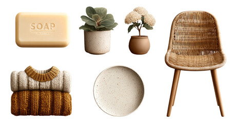 Stylish Home Decor Elements Featuring Soap, Plants, Chair, and Textiles