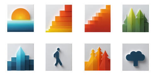 Colorful Design Elements Representing Nature, Geometry, and Progress in Art Style