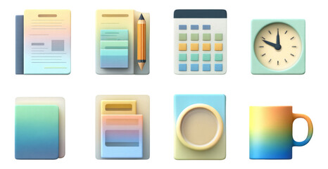 Colorful Isolated Office Icons with Soft Styles and Transparent Backgrounds