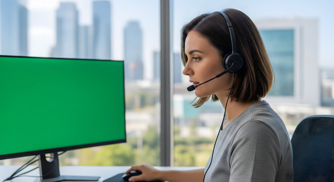 Professional Woman Using Computer with Green Screen in Modern Office - Powered by Adobe