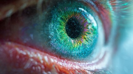 Close up vibrant human eye with colorful iris detail, macro photography showing texture and vivid color, evoking curiosity and wonder