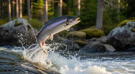 Fototapeta premium Majestic Salmon Leaping from Rushing River in Wilderness, Capturing Dynamic Action and Wildlife