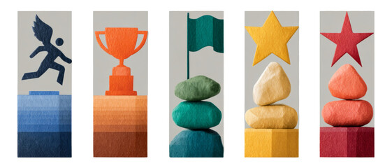 Five Colorful Objects on Pedestals Showcasing Achievement and Success Concepts