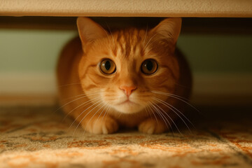 Naklejka premium Curious orange cat hiding under furniture with wide eyes, cautious feline peeking from beneath bed on patterned carpet at home