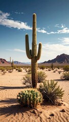 Majestic Saguaro Cactus Surrounded by Desert Landscape and Mountains
