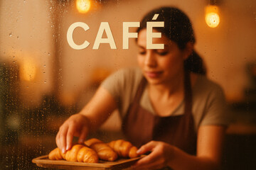 Smiling female barista arranging fresh croissants behind rainy window in cozy cafe with warm ambient lighting and inviting atmosphere