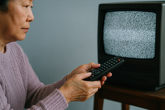 Senior woman adjusting old television with remote control, static noise on screen, concept of outdated technology and communication