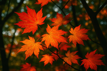 Vibrant orange and red autumn leaves on delicate branches against a blurred woodland background during fall season
