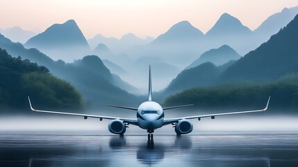 Airplane on misty mountain runway