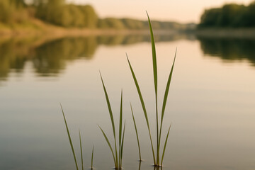 Obraz premium Serene riverside landscape with green grass blades in shallow water and soft, natural light reflecting over calm surface