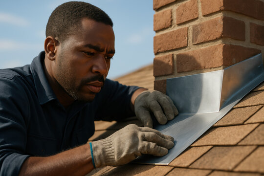 Skillful roofer installing metal flashing around brick chimney for weatherproofing and roof protection on sunny day
