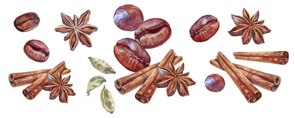 Watercolor set with coffee bean and cinnamon and badian star isolated on white background. Fragrance condiment for cooking dessert or drink. Christmas food. Clipart for cookbook. Wallpaper wrapping