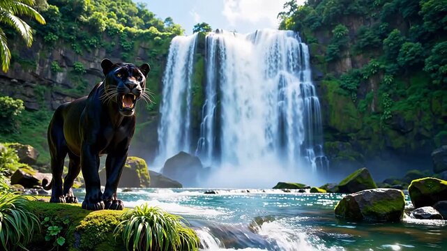 Majestic black panther stands roaring on a mossy rock with a stunning tropical waterfall in a lush jungle