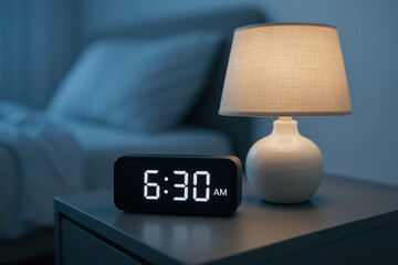 Digital clock displaying 630 am on bedside table with glowing lamp in tranquil bedroom setting, early morning routine concept