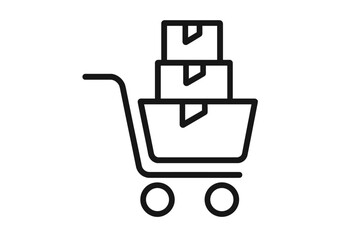 Shopping cart with boxes outline icon for online shopping and e-commerce. Vector logo for purchase, order, and delivery service. Minimalist line art symbol for web and app.