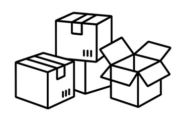 Cardboard boxes pile. Shipping, delivery and moving concept. Open and closed carton packages for storage and relocation. Vector line art illustration icon for web design.