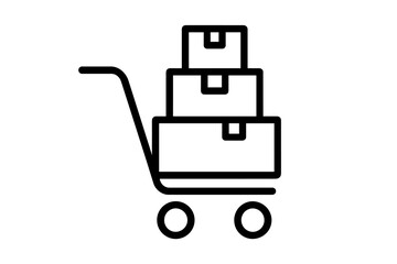 Obraz premium Hand truck with stacked boxes outline icon. Vector symbol for shipping, delivery service, and logistics. Package, order, and purchase concept for e-commerce, web and apps.