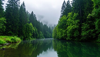Obraz premium Serene Mountain River Reflecting Lush Forest Canopy