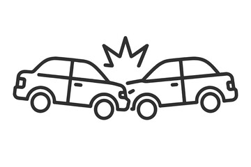 Car accident icon. Two cars crashing in a head-on collision. Vector illustration for traffic safety, auto insurance claims, vehicle damage, and emergency services. Line art.