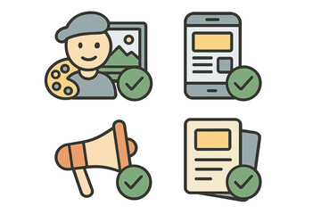 Creative services icon set. Checkmark for approved graphic design, web development, mobile app UI, and marketing advert. Vector symbol for artist success, content complete.