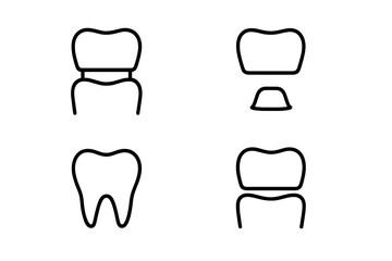 Dental crown line icon set for stomatology and dentistry. Tooth restoration, implant, and veneer concepts. Minimalist vector illustration for web design, apps, and banners.
