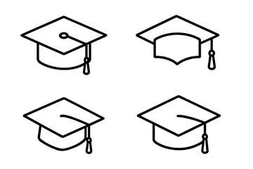 Academic cap vector icon set. Graduation mortarboard outline symbols. University education and college degree concept. Student achievement and learning pictogram for ceremony design.