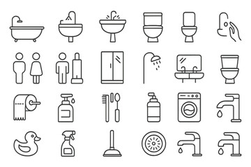 Bathroom and Toilet Thin Line Icon Set. Outline Signs for Web Design, Apps, Advertisements. Vector Bathroom Elements. Toilet, Bathtub, Sink, Shower, Faucet, Hygiene, Cleaning, Soap, Paper