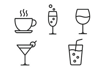 Drink and beverage outline icon set. Coffee, wine, champagne, cocktail, and soft drink linear icons. Simple bar menu, cafe or celebration symbols. Vector with editable stroke.