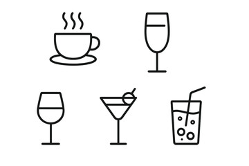 Vector drink icon collection. Coffee, wine, cocktail, and soft drink line symbols. Simple outline icons for bar menu, cafe, or infographics. Editable stroke design.