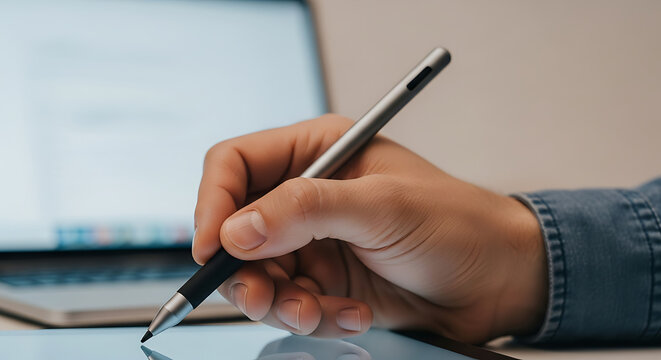 A hand holding a stylus pen over a tablet with a laptop visible in the blurred background scene