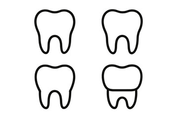 Dental crown, tooth implant vector icon set. Linear outline symbol for dentistry, stomatology, and oral hygiene. Healthy tooth graphic for clinic logo, web design, dental care.