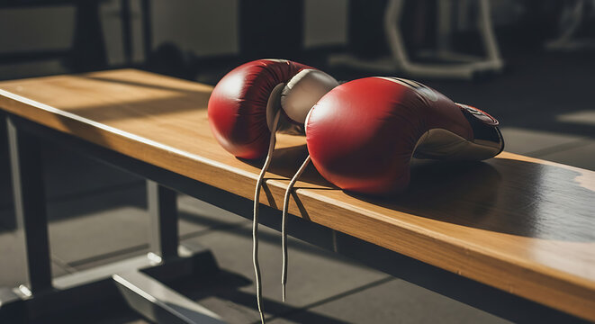 A pair of red boxing gloves resting on a wooden bench in a gym with exercise equipment behind