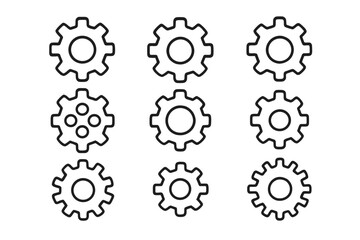 Gear icon set cogwheel collection. Settings symbol. Web line pictograms. Technology and engineering concept. Mechanical process, progress, teamwork. Editable stroke vector.