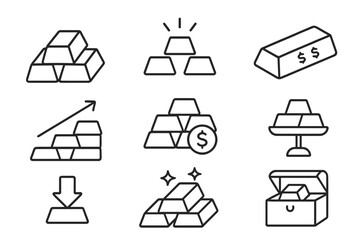 Gold bar line icon set. Bullion, treasure, investment, and wealth concepts. Financial growth, banking, savings, and value symbols for business and economy. Editable stroke icons.