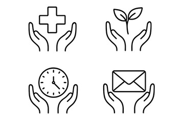 Hands holding health cross, plant, clock, and envelope. Icon set for care, support, time management, and communication. Vector outline collection for business and web design.