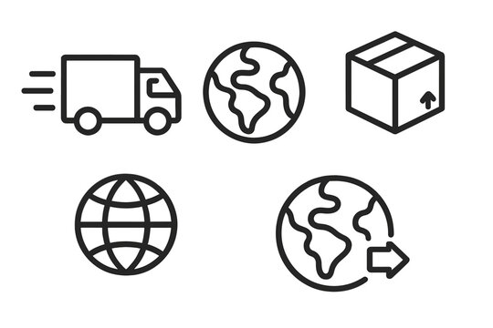 Shipping and delivery icon set. Global logistics and worldwide transport concept. Truck, globe, and parcel box symbols for web design. Vector line art illustration.