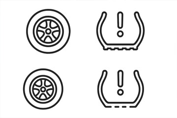 Tire pressure monitoring system icon set. TPMS warning light symbol with exclamation mark. Low tire pressure indicator. Car wheel icon. Automotive dashboard sign. Vector line art.