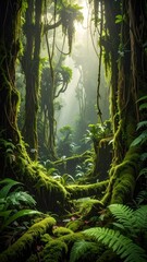 Lush Rainforest With Sunlight Filtering Through Dense Foliage