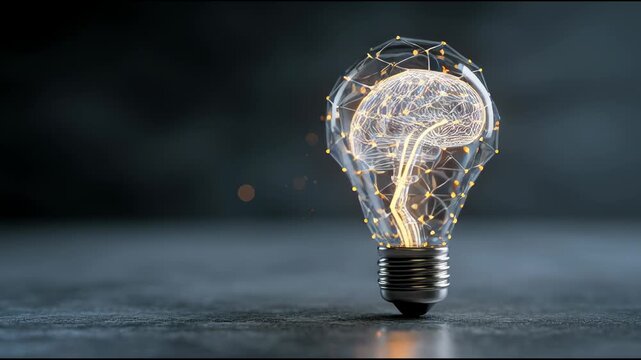 Brainpower Innovation: A glowing brain encased within a lightbulb symbolizes the spark of human ingenuity, set against a textured, dark backdrop to underscore the depth of thought.