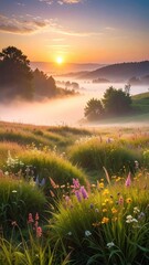 Serene Sunrise Over Misty Valley with Colorful Wildflowers Blooming