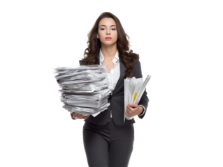 Businesswoman Carrying Stack of Documents, Overwhelmed, Busy, Office Work