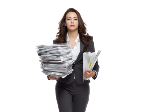 Businesswoman Carrying Stack of Documents, Overwhelmed, Busy, Office Work