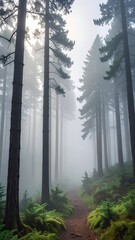 Obraz premium Serene Forest Pathway Through Foggy Woodland Landscape in Sunrise