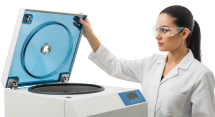 Woman in lab coat and safety glasses operating a laboratory centrifuge, isolated on transparent background
