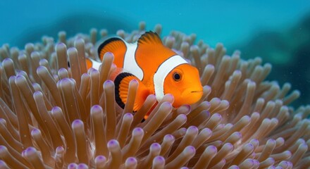 Vibrant Clownfish Peeking from its Anemone Home in Tropical Underwater Scene