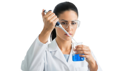 A female scientist in a lab coat and safety glasses uses a pipette to transfer blue liquid into a beaker, isolated on transparent background