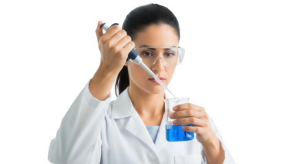 A female scientist in a lab coat and safety glasses uses a pipette to transfer blue liquid into a beaker, isolated on transparent background